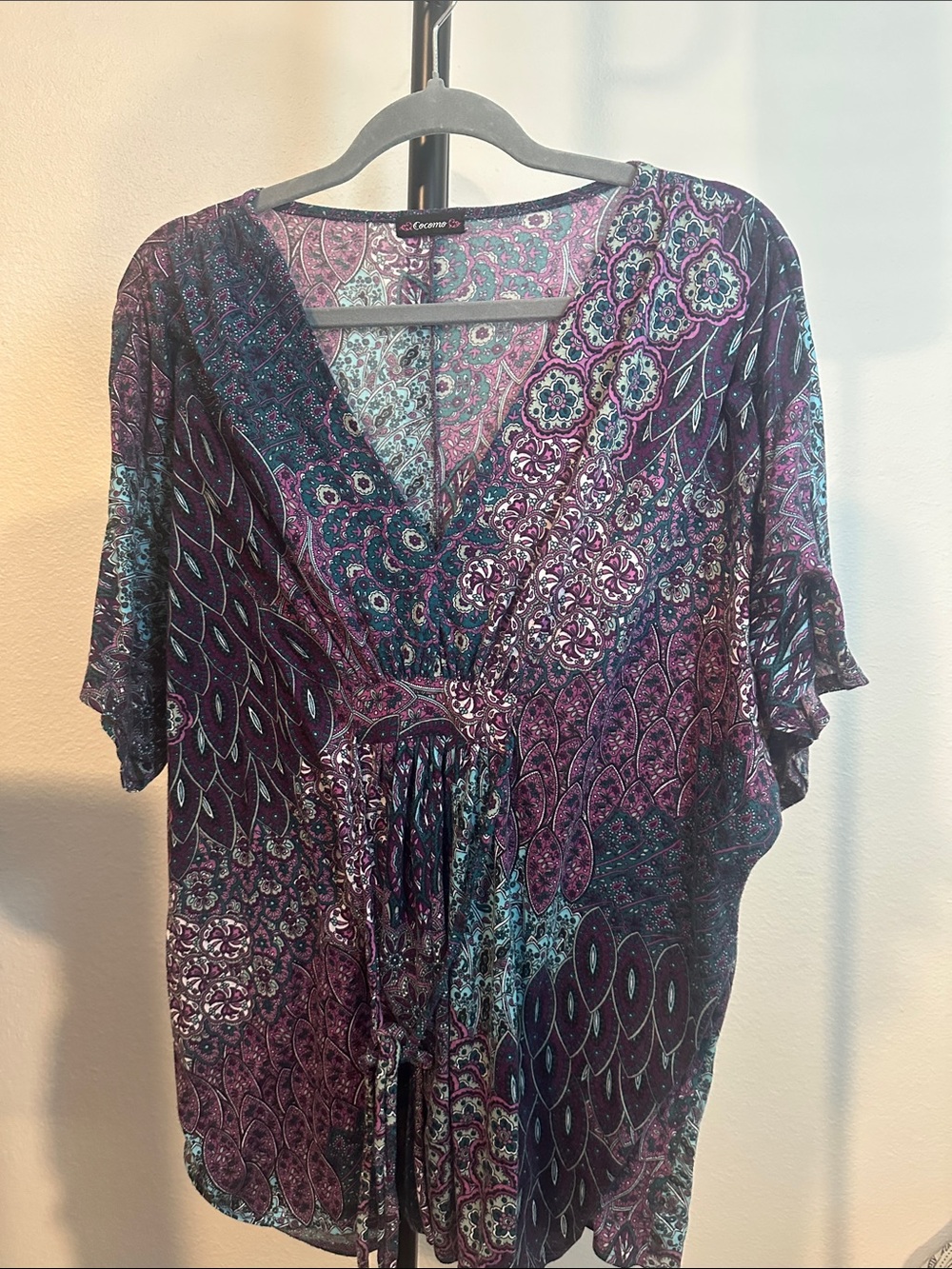V-Neck Paisley Tie-Front Tunic Top in Purple and Teal